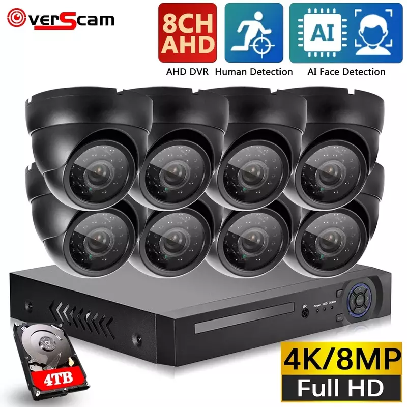Sistema de seguridad CCTV para exteriores, Kit de cámara de vigilancia con control remoto para teléfono móvil, H.265, 8 canales, 4K, HD, AHD, DVR, 8,0mp, IR