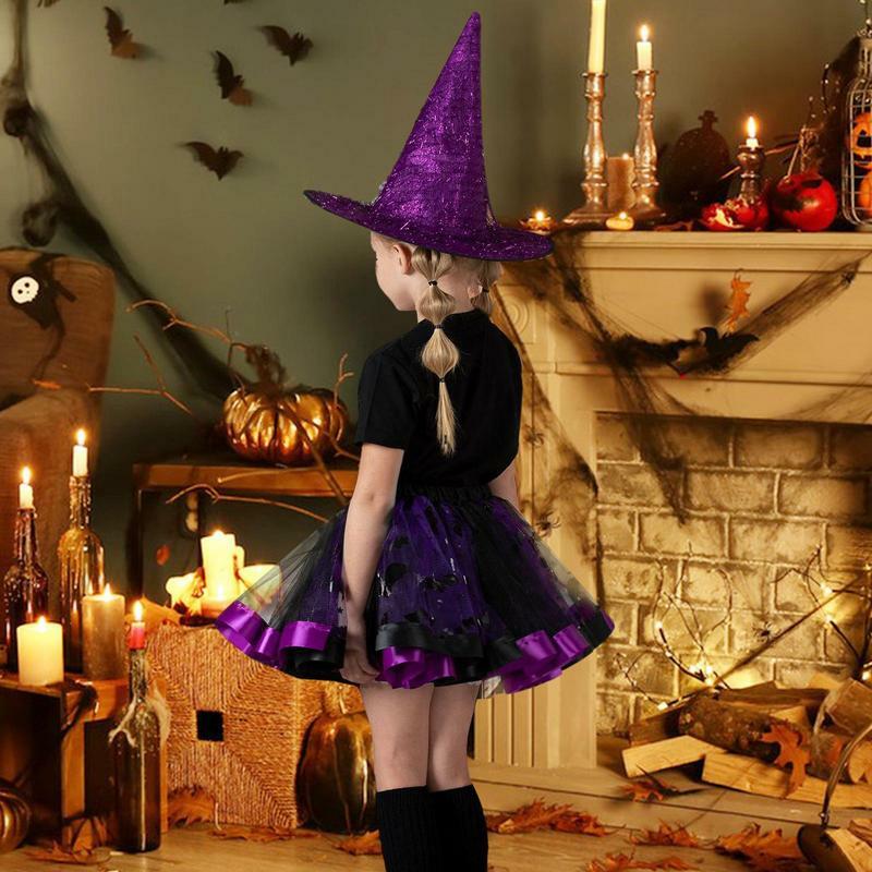 Disfraz de bruja de Halloween para niños y niñas, vestido de baile de tul de Ballet de malla, sombrero y conjunto de escoba, accesorios de fiesta de Carnaval