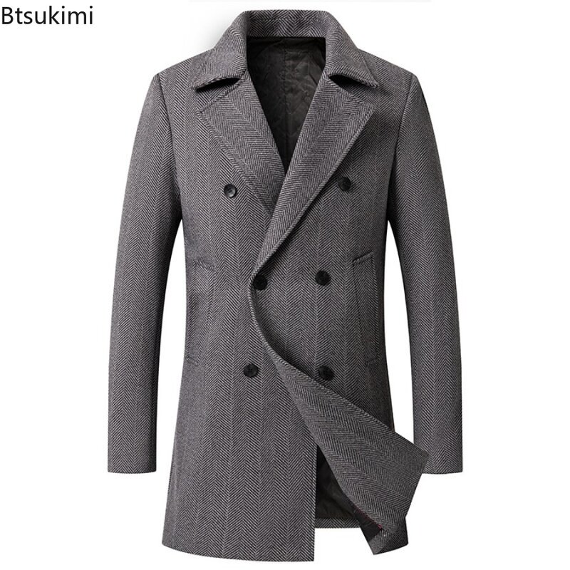 Новинка 2024, мужское двубортное шерстяное пальто, простой Тренч средней длины, мужская деловая повседневная шерстяная куртка, Мужская теплая одежда