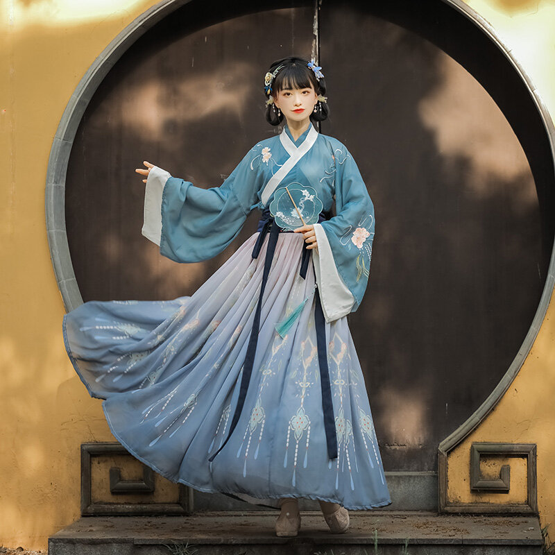 Kostum Hanfu Tradisional Cina Wanita Gaun Dinasti Han Kuno Gaun Putri Oriental Pakaian Tari Dinasti Tang Elegan Wanita