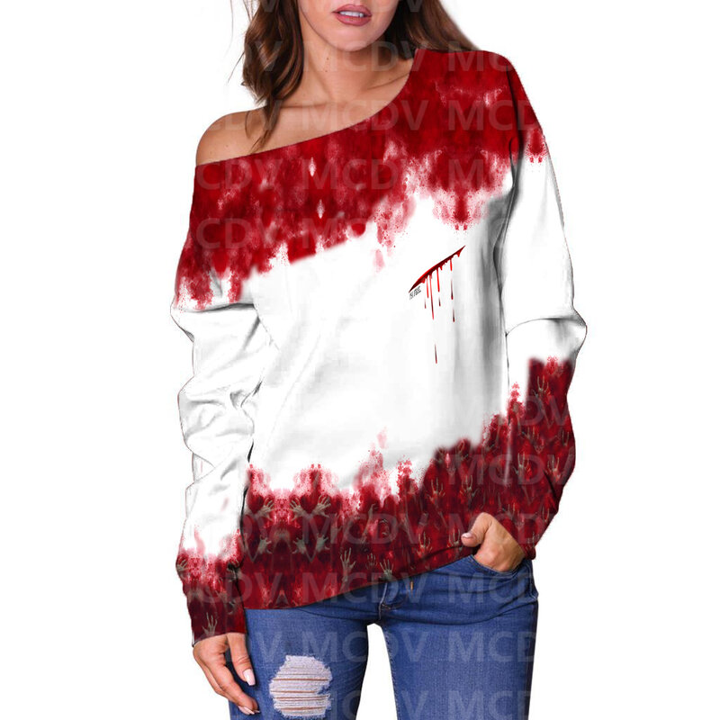 Sweater Pullover wanita, Sweater lengan panjang bercetak 3D Halloween bahu terbuka