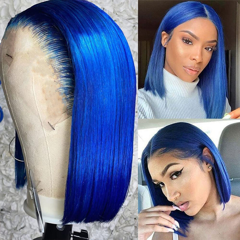14 Iinch Straight Blue Bob Wig With 13X4 Lace Frontal 180% Density Human Hair Pre Plucked With Baby Hair Hd Lace Frontal Bob wig