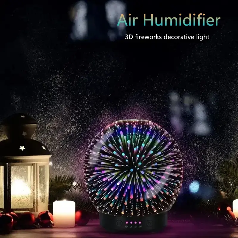 3D แก้วเครื่องพ่นอโรมาน้ำมันหอมระเหยอัลตราโซนิก Essential น้ำมันรุ่น Air Humidifier โหมดดอกไม้ไฟ100Ml ไฟ LED 7สเปรย์