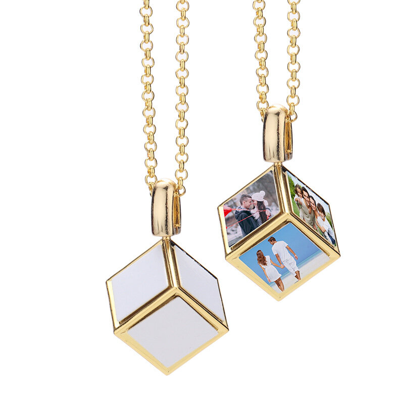10 buah kalung sublimasi kreatif liontin kalung foto bentuk dadu hati dengan liontin kalung memori hadiah cinta rantai untuk ibu