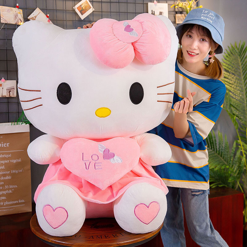 Sanrio Hello Kitty Cartoon Cat Brinquedos de pelúcia, boneca macia, travesseiro anime, presentes de aniversário para crianças, KT Cat, 24-55cm