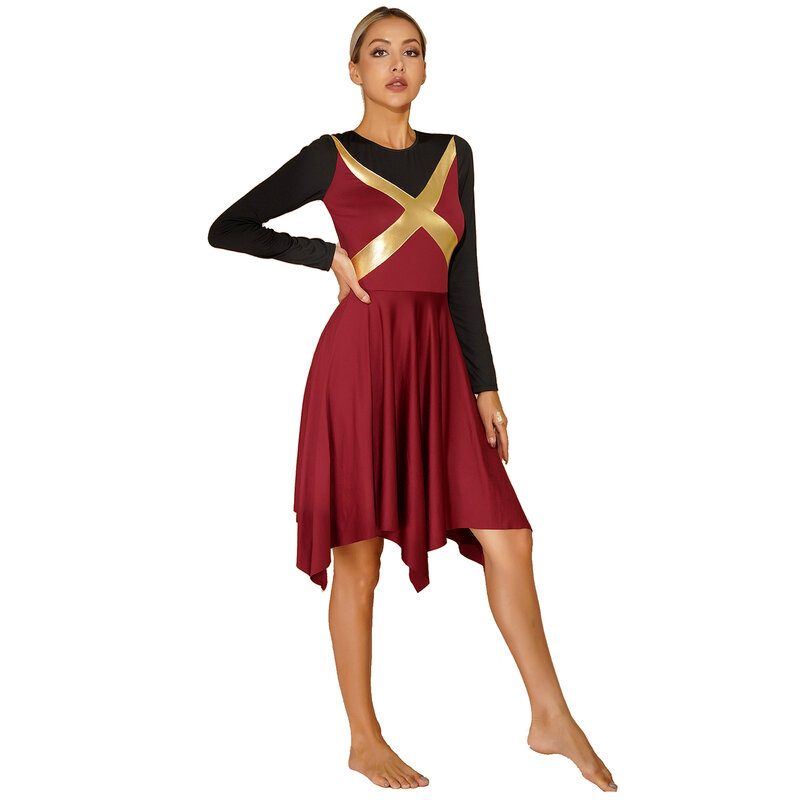 Damska liryczna sukienka do tańca kościelnego kostium z długim rękawem Color Block patchworkowa nieregularne brzegi sukienka Halloween