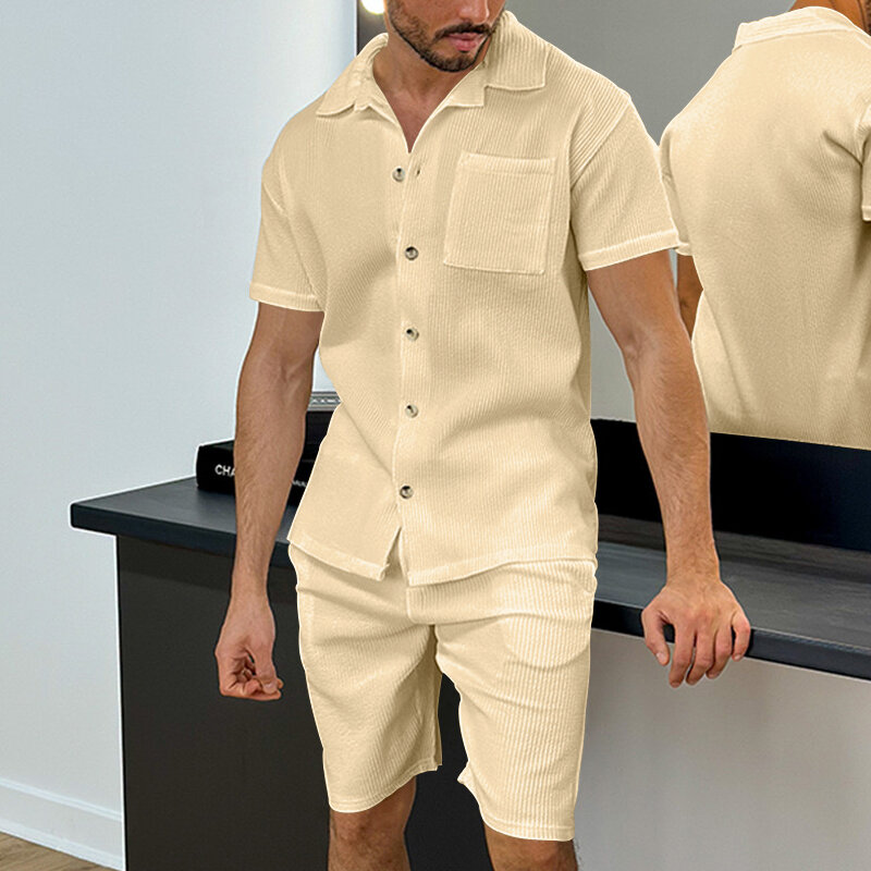 Nowy męski kardigan Szorty 2-częściowy zestaw Casual Sportowa koszulka z krótkim rękawem Garnitur w jednolitym kolorze Letnia odzież imprezowa