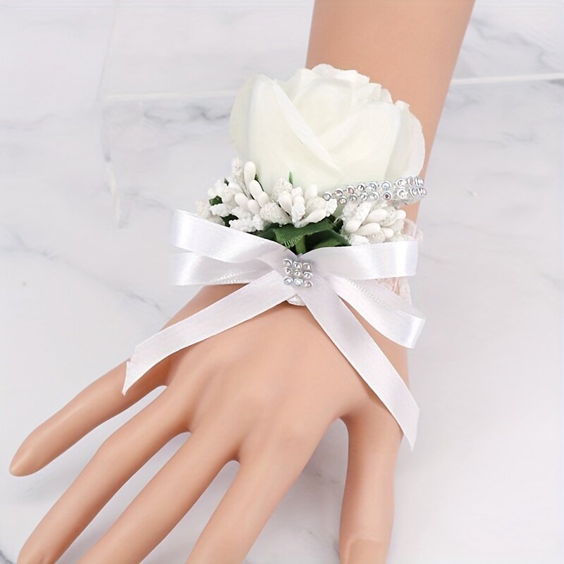 1/6pcs Wedding White Breast Flower Western Faux Single Rose Lapel Flower Hand Flower Boutonniere Wrist Corsage