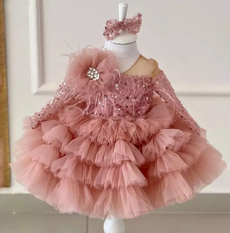 Luksusowe piórkowe dziecko sukienka na przyjęcie urodzinowe świecąca dziewczyna wesele suknia Puff dziewczęca sukienka w kwiaty słodkie dziecko pierwsza suknia