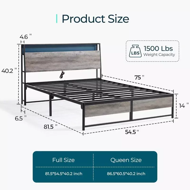 Full Size Bed Frame with Ergonomic Headboard & RGB Lights, Platform Metal Outlets &; Charger, 45 Minutes F
