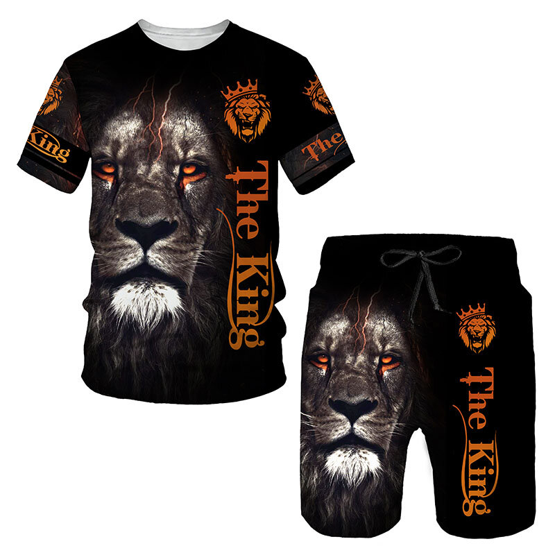 Conjunto de treino leão feroz masculino, camiseta e shorts casuais estampados em 3D, roupas esportivas masculinas, manga curta, roupas de 2 peças, verão