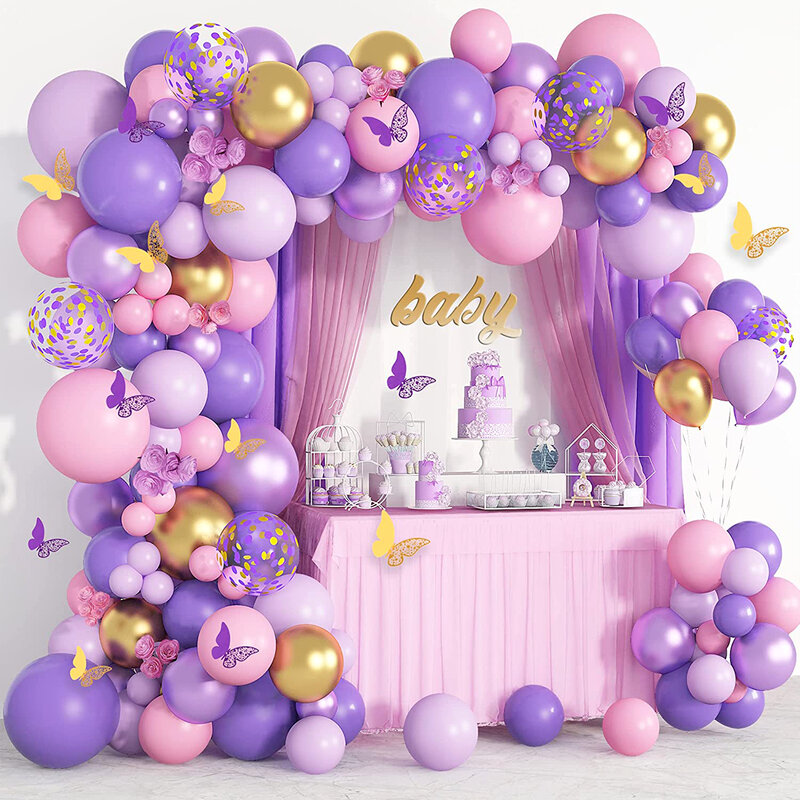 Фиолетовая гирлянда с воздушными шарами в виде бабочки, украшение для дня рождения, праздника, свадьбы, украшение для первого дня рождения, ...