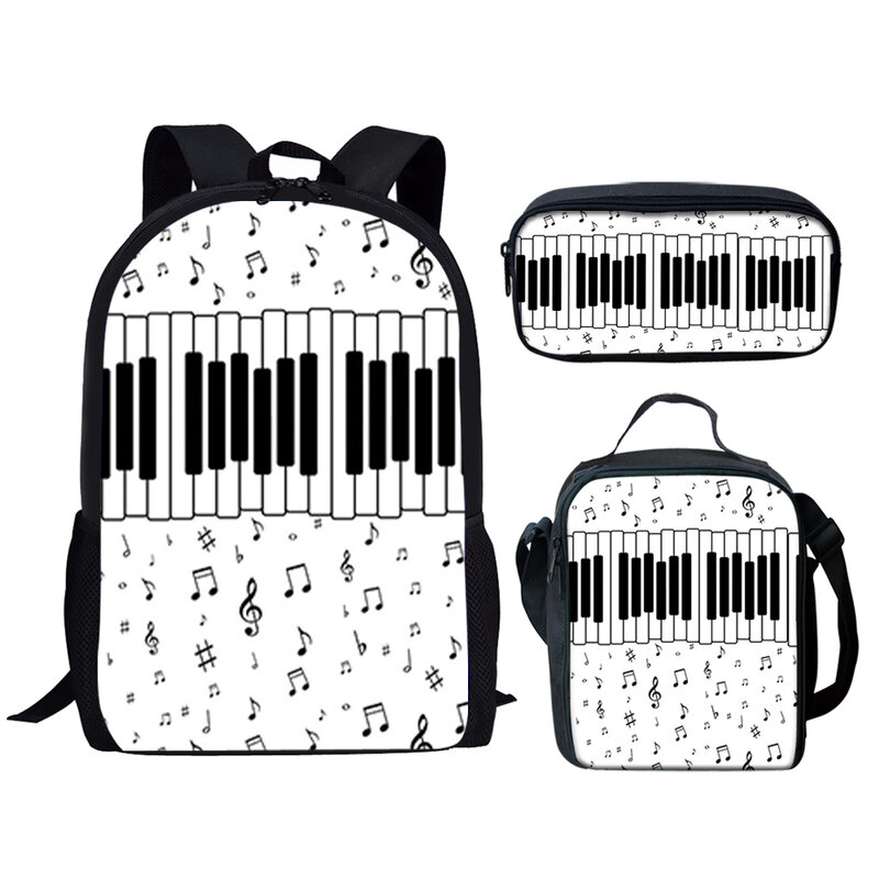 Conjunto de 3 mochila laptop impressão 3d, mochila de escola, teclado piano, música, notas, laptop, almoço, moda