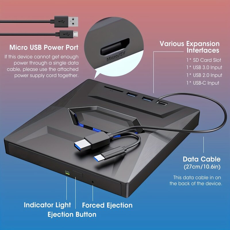 Gravador de CD e DVD externo para laptops e desktops, gravador de DVD óptico, USB 3.0, Super Drive, RW