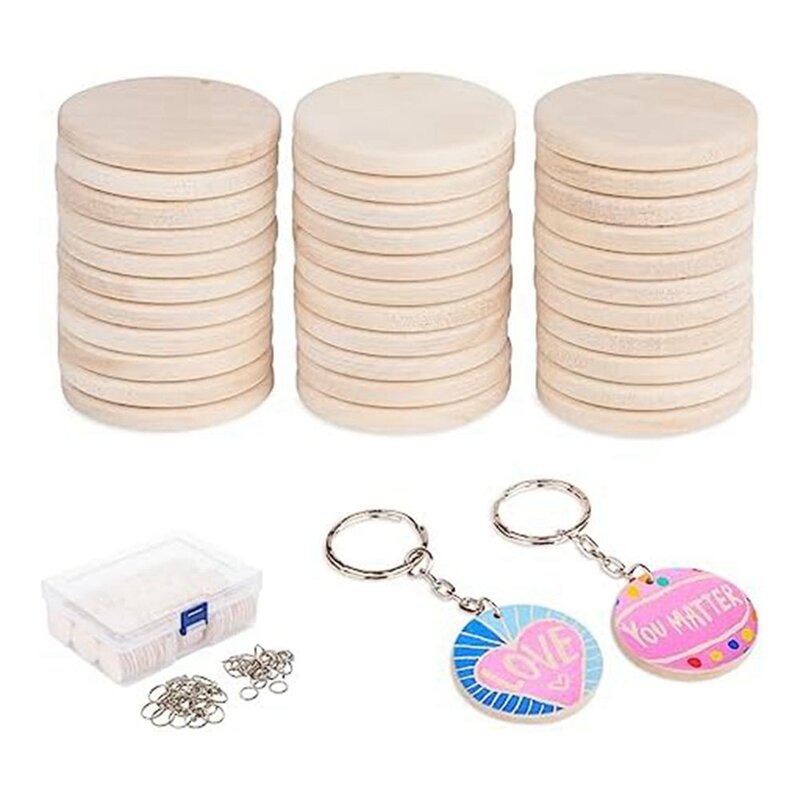 100 PCS 3.5Cm Unfinished Wooden Keychain Wooden Circles For DIY Craft Christmasdecoration
