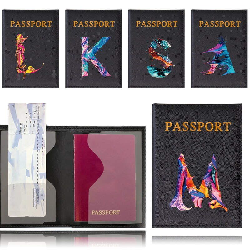 Funda para pasaporte de viaje, billetera de cuero para tarjetas de identificación, tarjetero de negocios, funda con patrón de letras pintadas