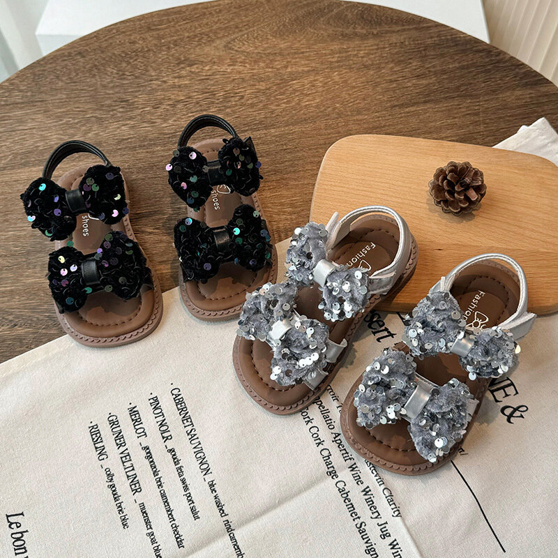 2024 Summer Child Girls' Sandals with Bowknot and Glitter Fashion Korean Style Open-toe Comfortable Princess Sweet Beach Shoes