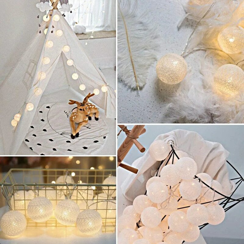装飾的な綿のボールのLEDライトコード,室内照明,パーティー,結婚式,ガーデンパーティー,直径6cm,2m, 10ランプ用