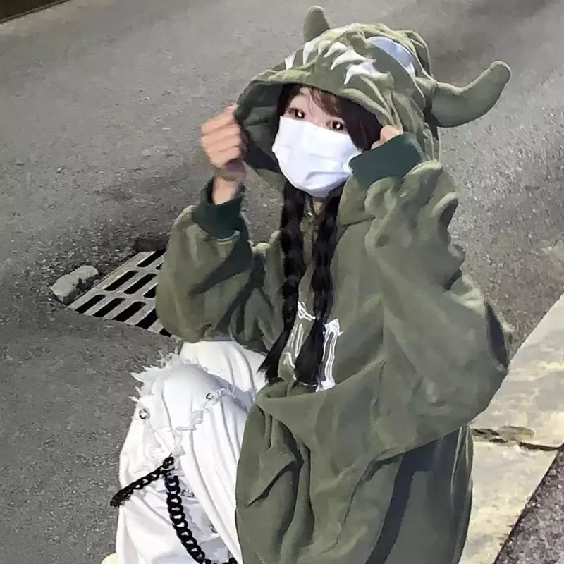Americano high street diabo impressão hoodies feminino solto casal hiphop casaco moda goth harajuku kawaii roupas de inverno