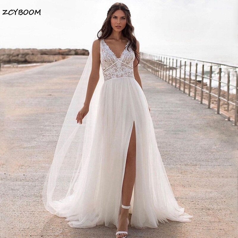 Gaun pernikahan 2024 tanpa lengan elegan A-line tali spageti Tulle kerah v seksi untuk wanita gaun pesta kereta api gaun Prom