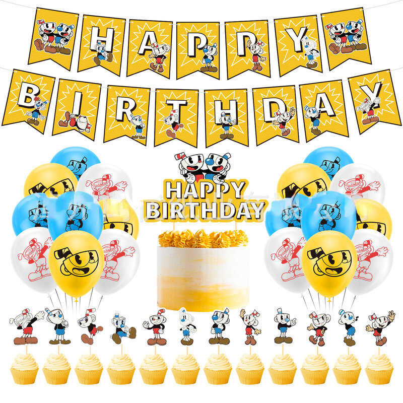 Cupheads Thema Ballon Bogen Kit, alles Gute zum Geburtstag Dekoration, Party Gunst Banner, Kuchen Topper, Lieferungen für Kinder, Junge Geschenk