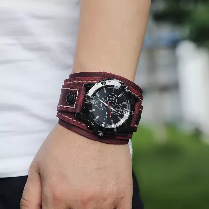 Heren Quartz Horloges Jessingshow Luxe Polshorloge 2023 Koeienhuid Horlogeband Punkstijl Horloge Voor Heren Breed Echt Lederen Armbanden