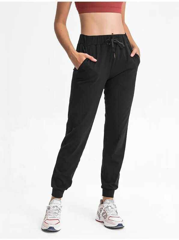 กางเกงกางเกงขายาวสบายๆเอวสูงของผู้หญิง celana joger สีพื้น