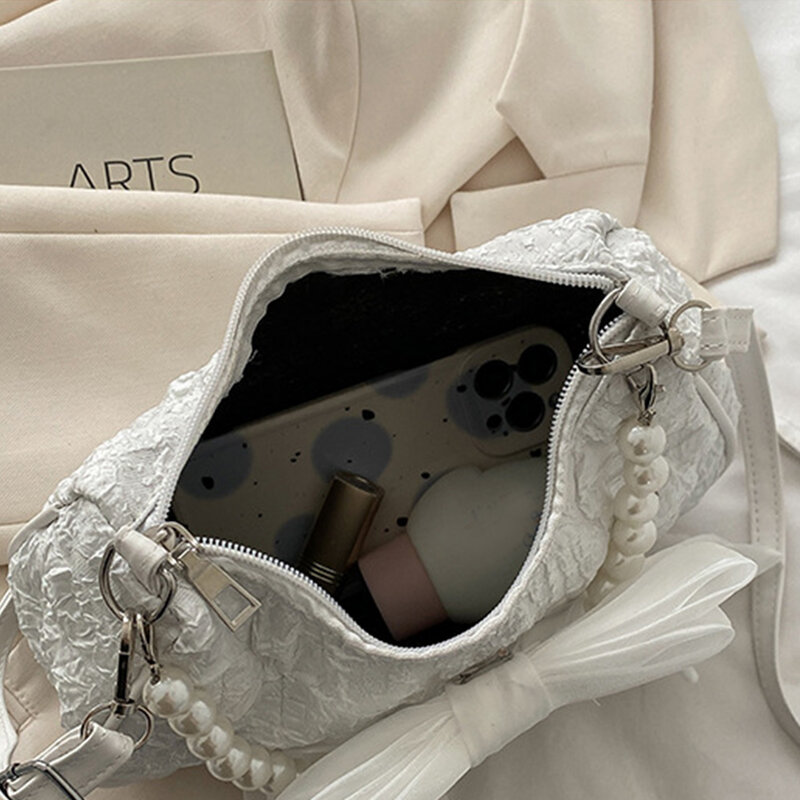 Роскошная дамская сумочка в стиле ретро с жемчужной цепочкой, Женские однотонные регулируемые сумки через плечо с бантом, модная Холщовая Сумка на плечо, 2024