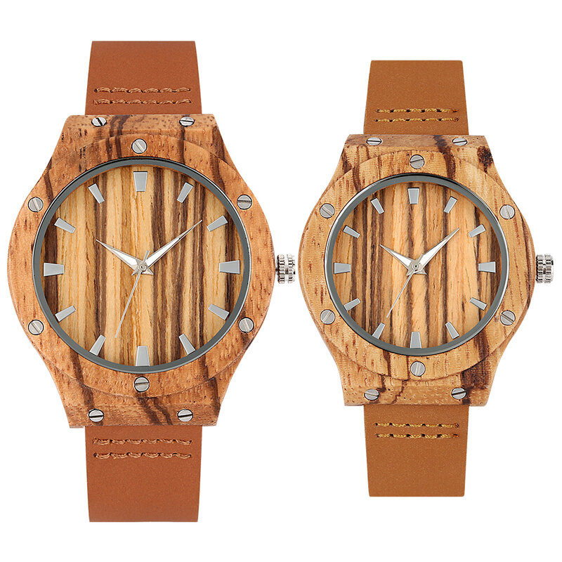 Punk Vintage Zebrawood Quartz Paar Horloges Echt Lederen Horloge Band Horloge Minimalistische Ronde Wijzerplaat Horloge Voor Mannen Vrouwen