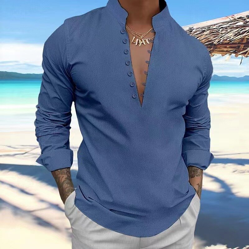 Рубашка мужская с воротником-стойкой, блуза из хлопка и льна в британском стиле ретро, с длинным рукавом, в повседневном стиле, для весны и осени