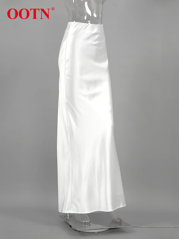 OOTN-Saia de seda feminina de cintura alta, elegante saia de trompete branca, saia longa de cetim, saia de seda feminina poliéster até o chão, outono, 2023
