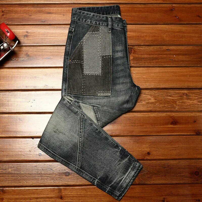 Men's motorcycle jeans stitching patch fashion street fashion retro high-end stretch personality slim fit skinny pants