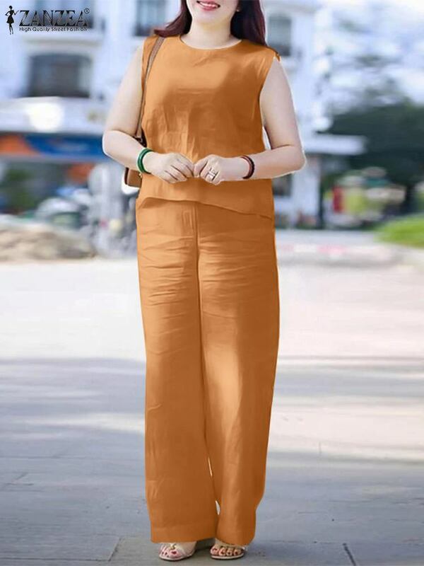 Zanzea ชุดวอร์ม2024ใส่ในเมืองสำหรับผู้หญิงชุด2ชิ้นชุดใส่วันหยุดแขนกุดกางเกงขายาวขากว้างสีพื้นลำลอง