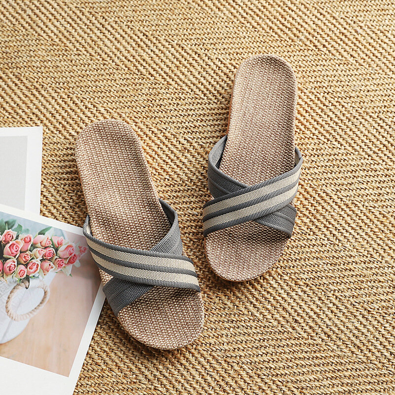 Pantofole da uomo estive sandali piatti da donna pantofole di lino leggere pantofole da casa con suola morbida antiscivolo per interni scivoli da interno Zapatos