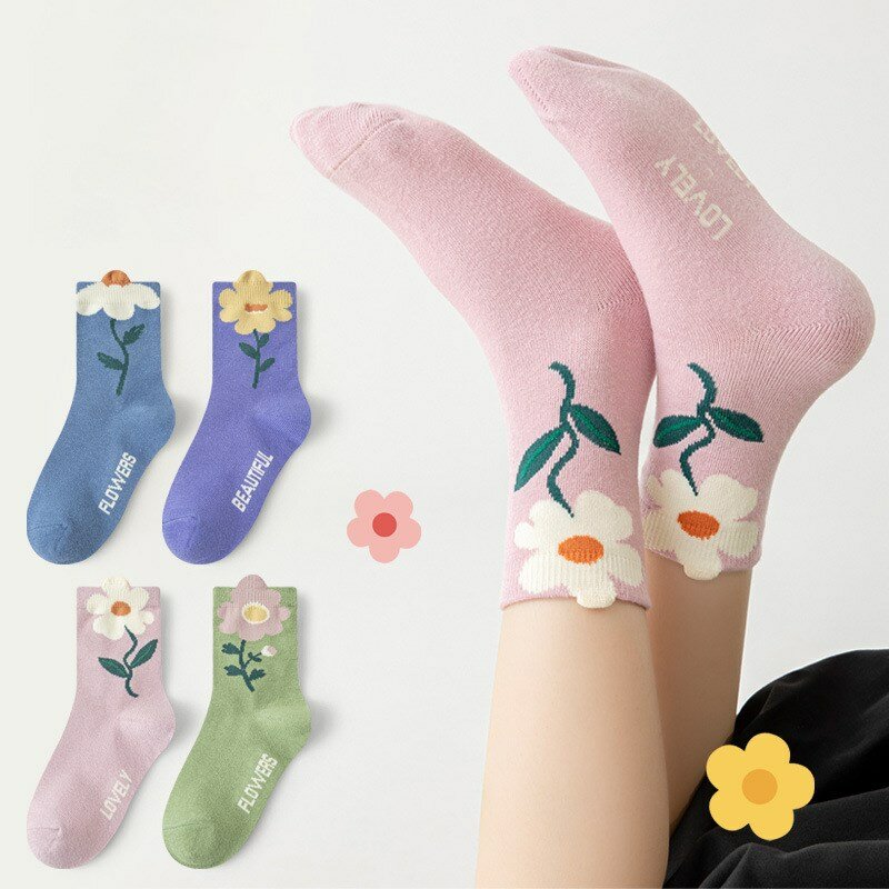 Calcetines de algodón con patrón de flores para niños, accesorios de ropa para niñas pequeñas, primavera y verano, 4 pares por lote