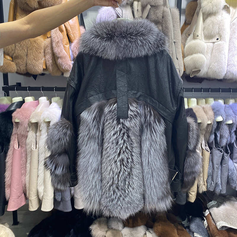 Женская зимняя куртка из натуральной кожи, цвет серебристый Лисий мех