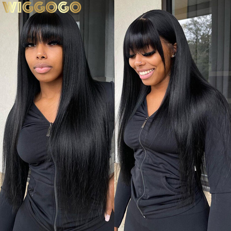 Wiggogo-Straight Middle Part Lace Wig com Bangs, cabelo humano sem cola, pronto para usar e ir, 100% cabelo humano, 3x1