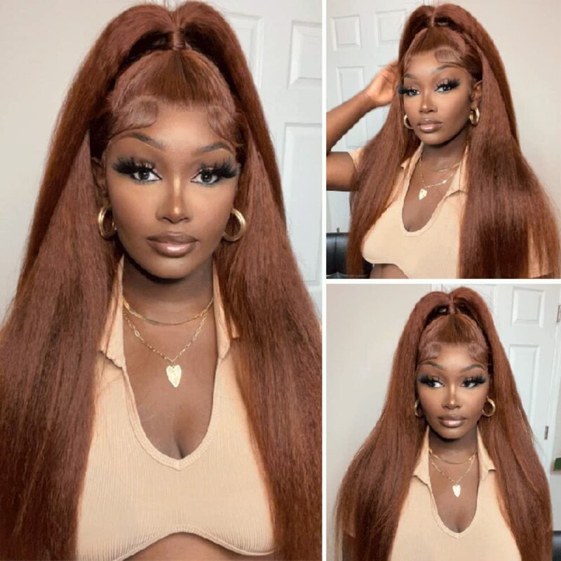 Reddish Brown Kinky Straight Human Hair Wig 13x6 HD Lace Front Wigs Pre Plucked Raw Indian Yaki Straight Brown Lace Frontal 180%