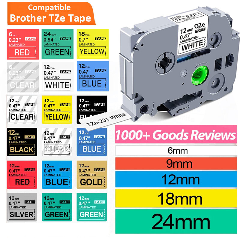 Fita laminada para fita Label Maker, compatível com Brother Ptouch, PT-H110, D600, 710BT, Tze231, Tze241, Tze251, TZ221, 6mm, 9mm, 12mm, 18mm, 24mm