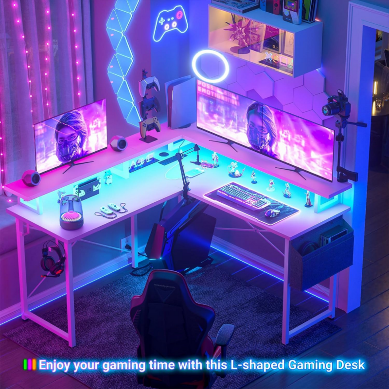 Biurko komputerowe w kształcie L z gniazdkami zasilanymi, biurko do gier w kształcie litery L z lampkami LED, na narożnik biurka z regały magazynowe