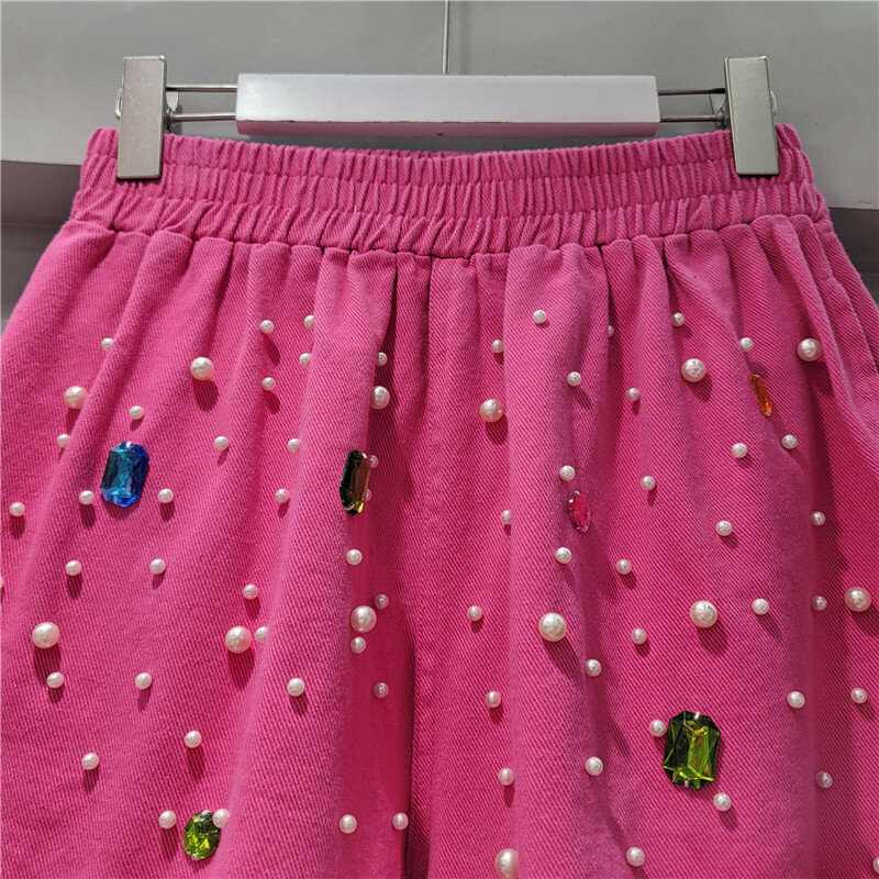 Pantalones cortos de pierna ancha para mujer, Shorts con cuentas pesadas de diamantes, adelgazantes, de cintura alta, 2024