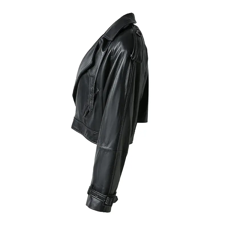 Куртка женская из натуральной кожи, мотоциклетное пальто с отложным воротником, модная уличная одежда с поясом