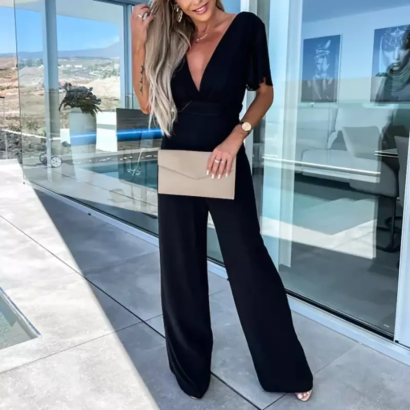 Summer New Slim Deep V Neck High Waist Jumpsuits Fashion Short Sleeves Casual Solid Lady Backless Zipper Straight Pants Rompers