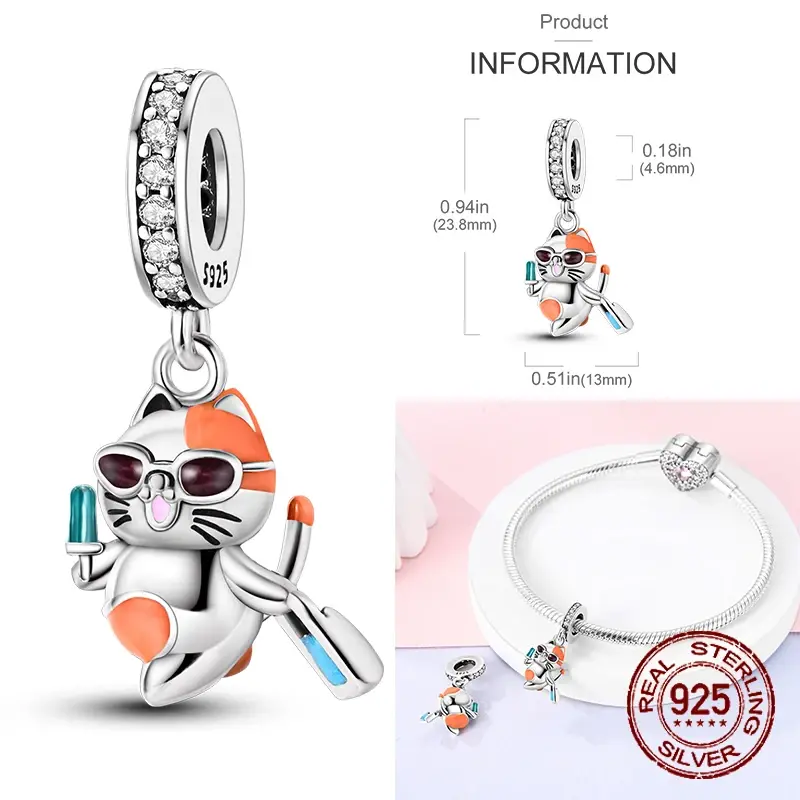 New 925 Sterling Silver Fat Cat Swimming Ring Butterfly pendant Charms Beads Fit Pandora Original Bracelet DIY Jewelry ﻿making