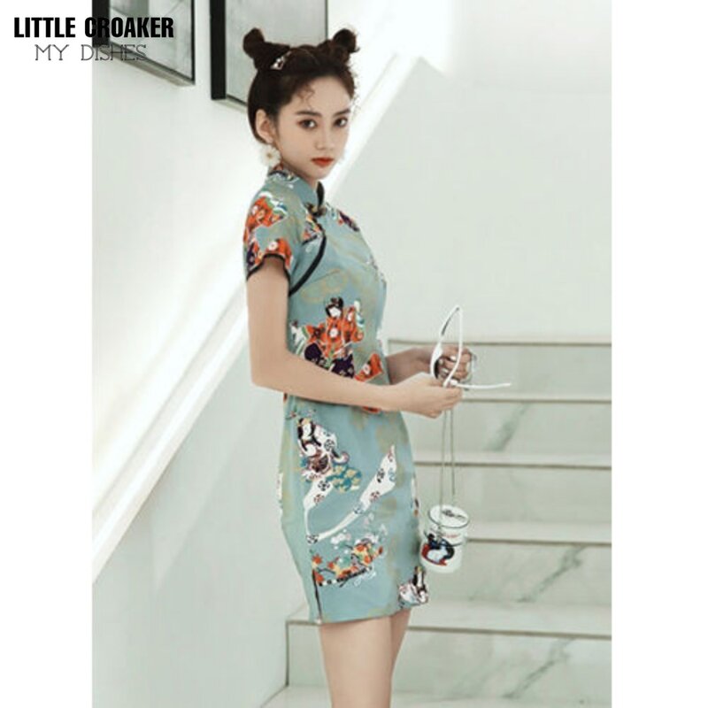 Qipao gaun Mini Cheongsam wanita, gaun Cheongsam baru musim panas 2022, gaun pendek siswa gadis muda modifikasi China
