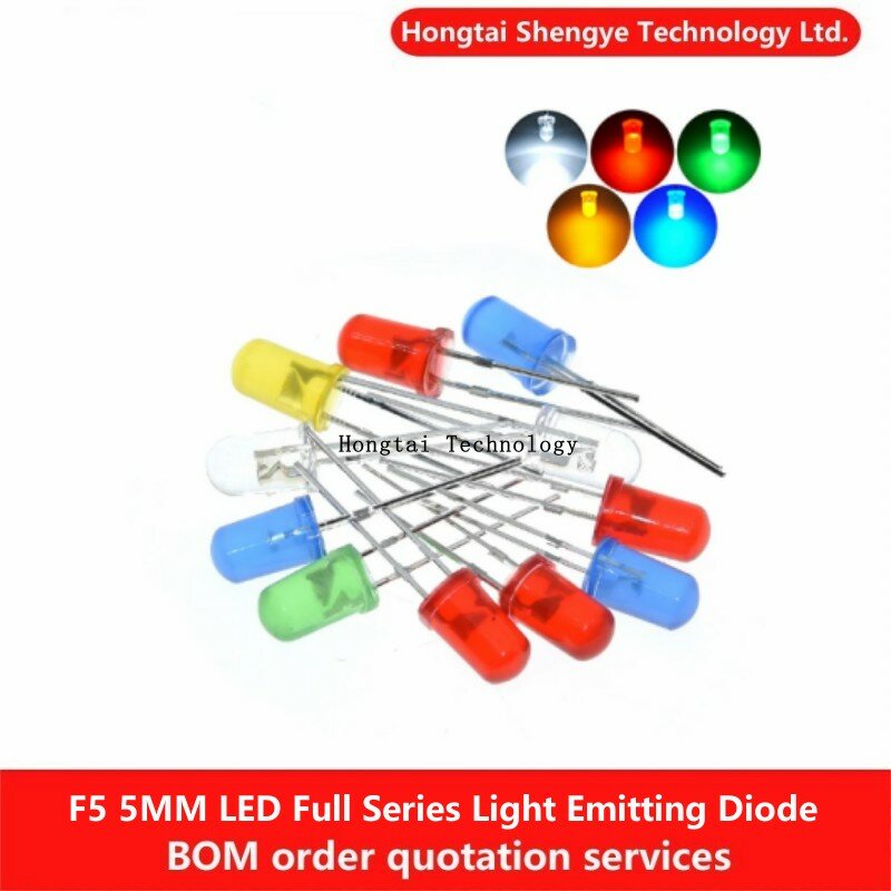 LED seri penuh 5MM merah, biru, putih, kuning, hijau Diode pemancaran cahaya Pin pendek 18MM DIP LED Beads F5