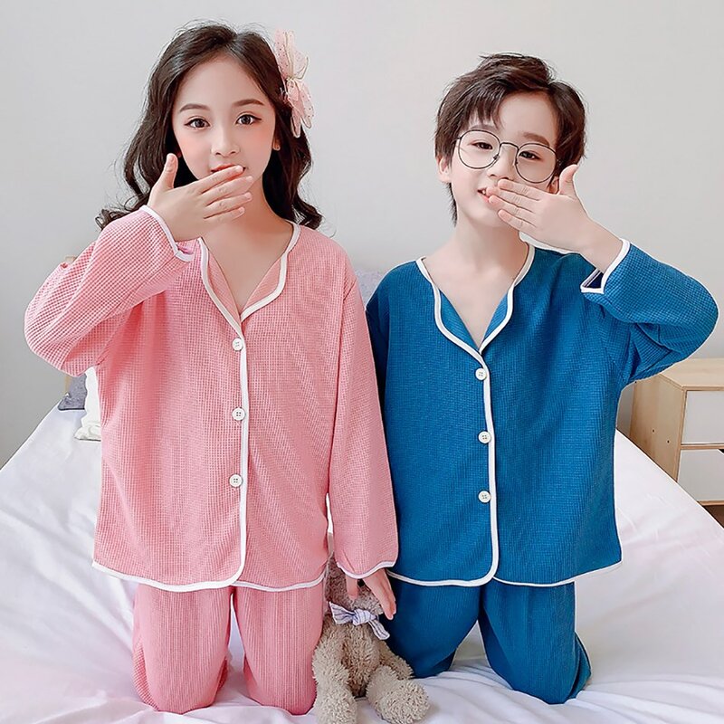 Voorjaar 2022 Pyjama Voor Kinderen Roze Blauw Dunne Sleepwaer Meisjes Zachte Losse Nachtkleding Set Lange Mouw Pijamas Pak Jongen Kleren 2T