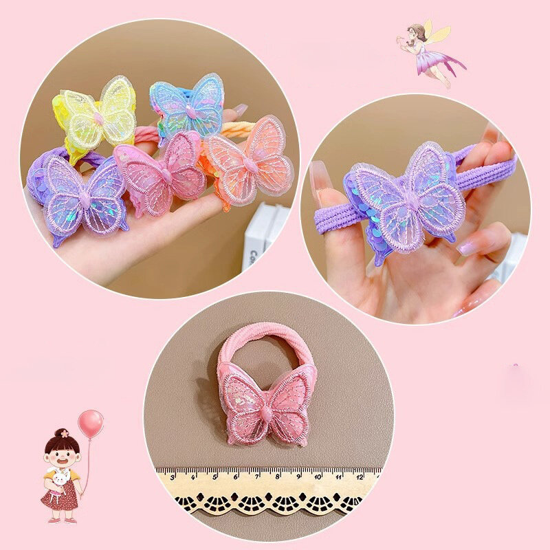 2PCS New Sequin Butterfly Girls Tie Up A Ponytail Kids Elastic Hair Bands Hair Accessories Cute Children Hair Ties Baby Headwear