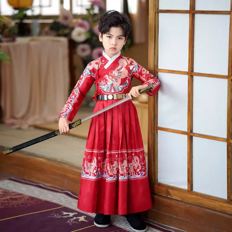 Dzieci Hanfu chiński styl tradycyjny Bookchildren starożytna odzież wiosenna jesień oryginalna królewska odzież latające ryby strażników
