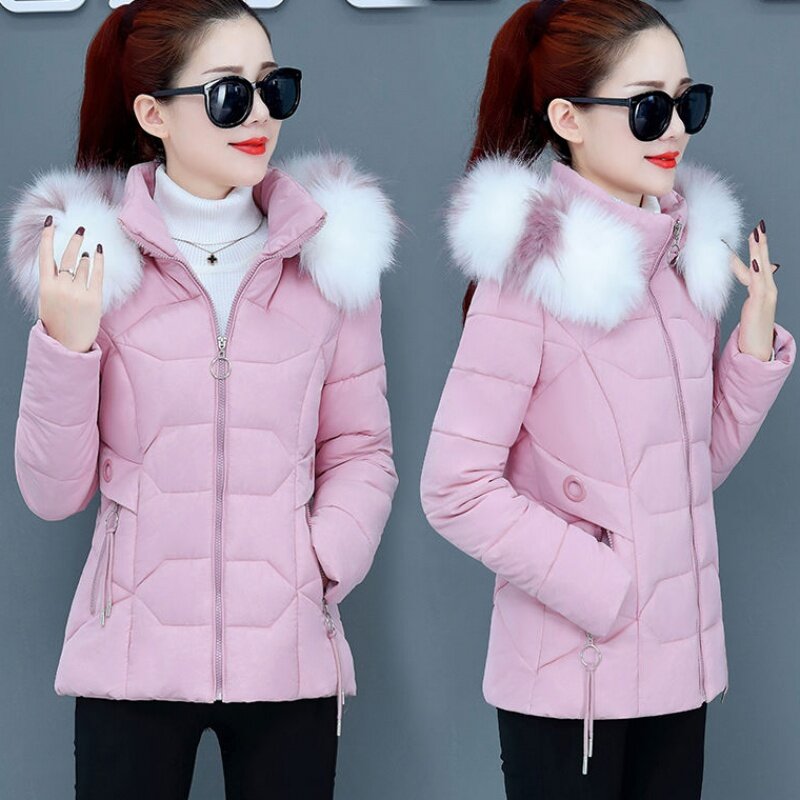 Nice Winter Jacket Womens Parkas Thicken Outerwear Solid Fur Collar Hooded Coats Short Female Slim Cotton Padded H61